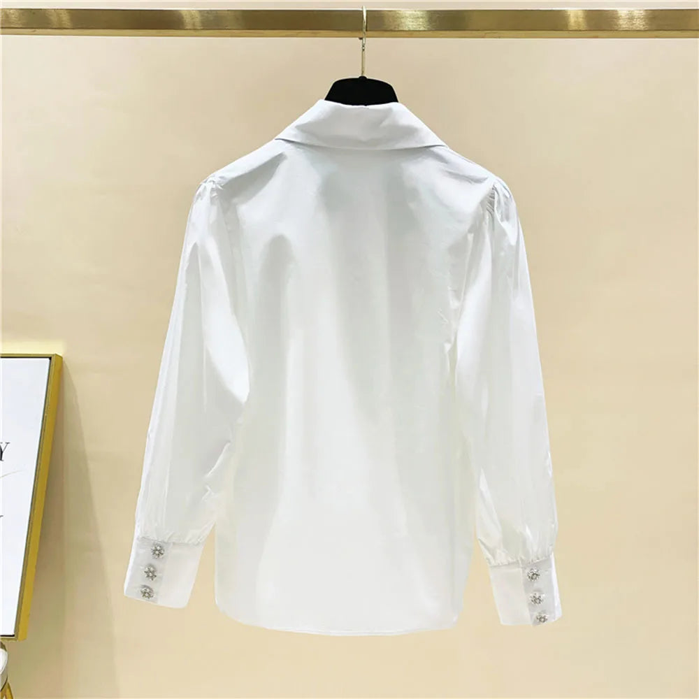 High Quality Pearls Diamonds Collar White Shirt Women Tops Mujer 2022 Spring New Arrival OL Elegant Blouse Tops Camisas Mujer