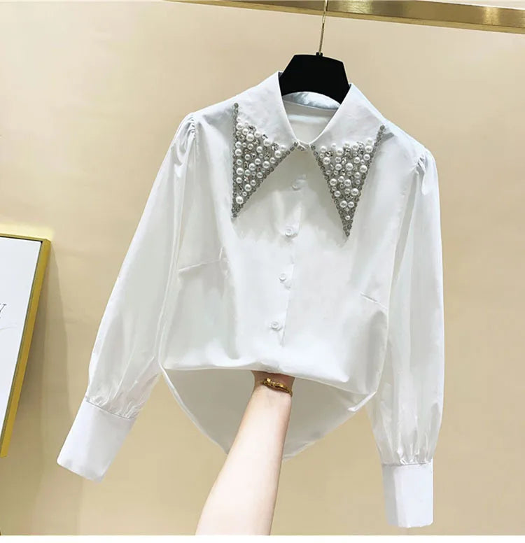 High Quality Pearls Diamonds Collar White Shirt Women Tops Mujer 2022 Spring New Arrival OL Elegant Blouse Tops Camisas Mujer