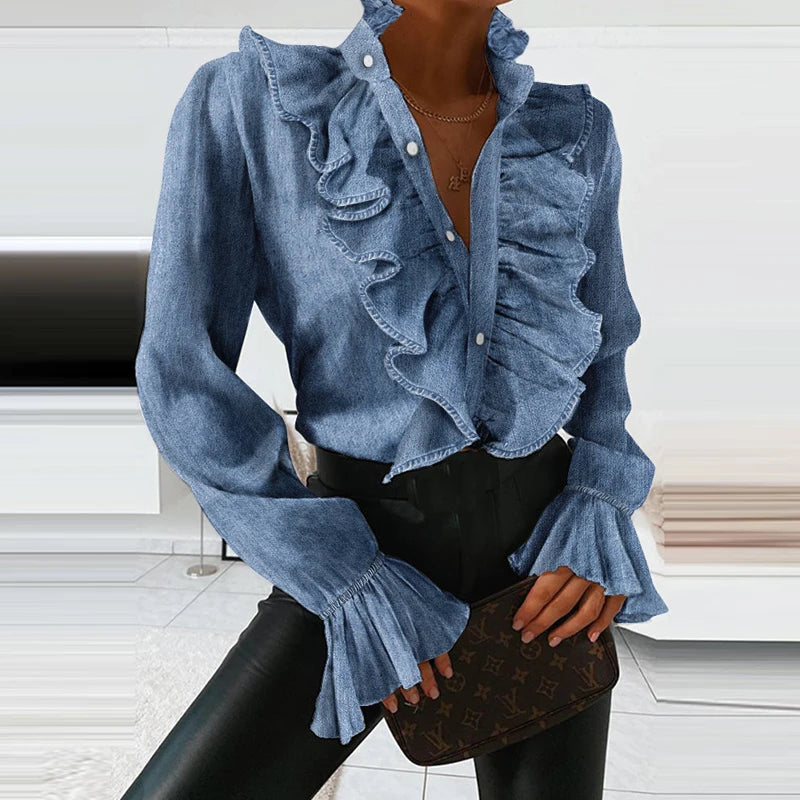 Denim Ruffled Long Sleeve Button Shirt Blouse Summer Sexy V Neck Pleated Chiffon Blouses Spring Elegant Office Lady Tops Blusa