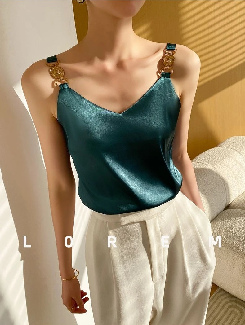 Cami Top V-neck Solid Fashion Sleeveless Top Women Temperament Elegant Office Lady Backless Top Silk Spaghetti Camis Summer 2024