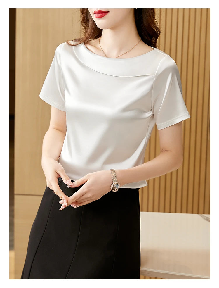 Satin Women Blouse T-shirt Skew Collar Blouses Summer Short Sleeve Womens Tops Solid Elegant Women Clothing OL Shirts for Women