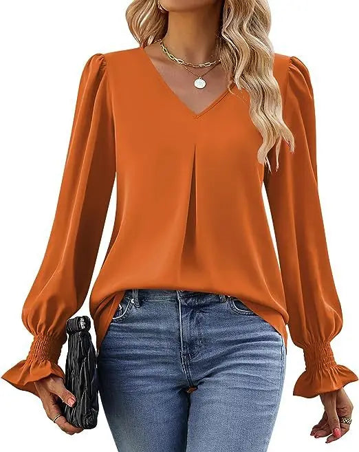 Women's New Solid Color Chiffon Shirt V-neck Pullover Flared Long Sleeved Top Shirt Office Lady Elegant Khaki Loose Blouses