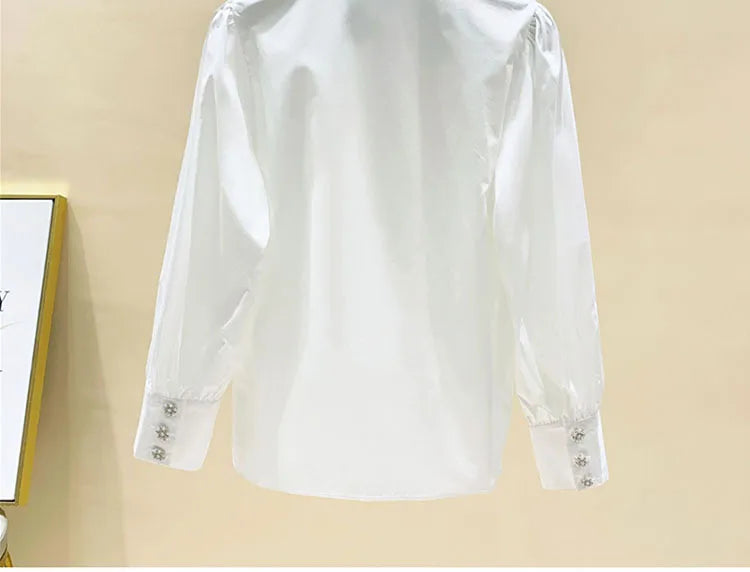 High Quality Pearls Diamonds Collar White Shirt Women Tops Mujer 2022 Spring New Arrival OL Elegant Blouse Tops Camisas Mujer