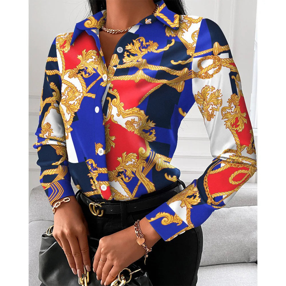 Elegant Office Ladies Turn Down Colar Blouseshirt Women Vintage Popular Printing Slim Shirts Autumn  Fashion Long Sleeve Tops