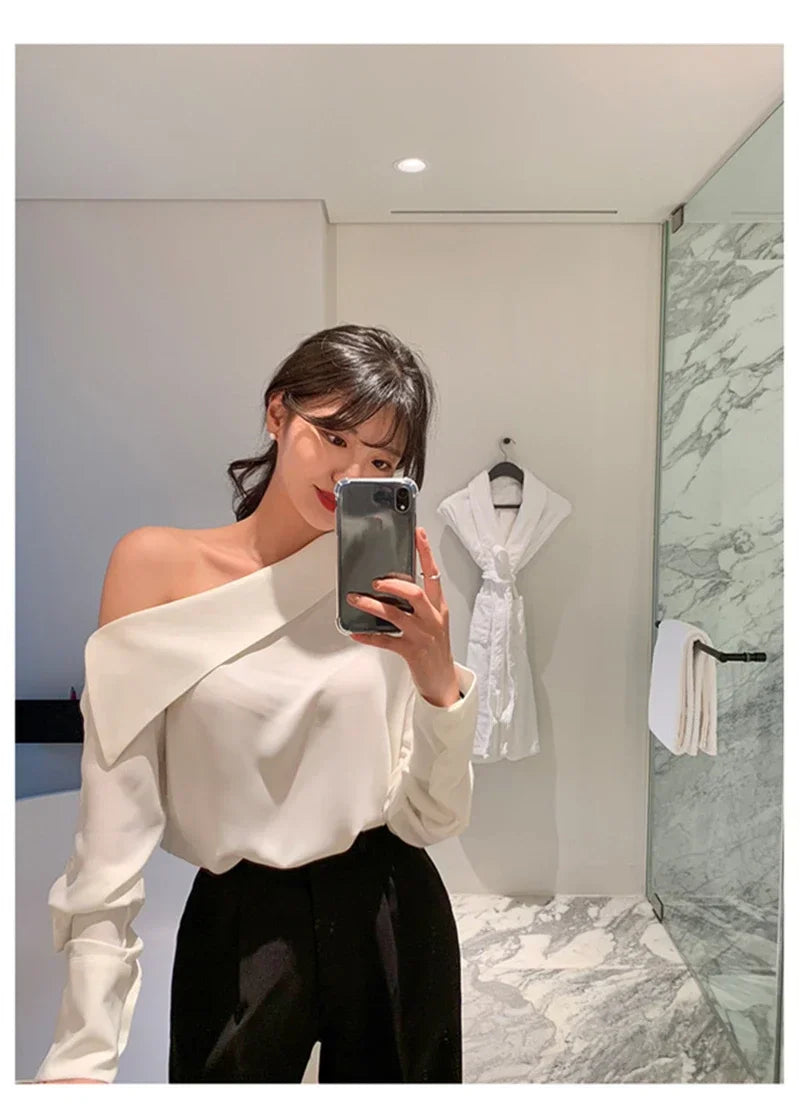 Elegant Women Sexy Korean One Black Top Spring Summer Leisure Versatile Women's Off The Shoulder Long Sleeved White Blouses