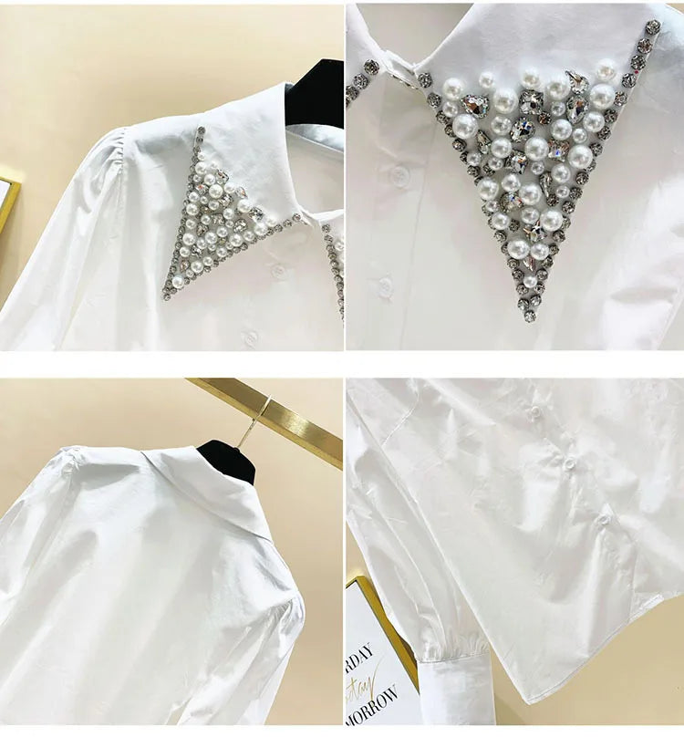 High Quality Pearls Diamonds Collar White Shirt Women Tops Mujer 2022 Spring New Arrival OL Elegant Blouse Tops Camisas Mujer