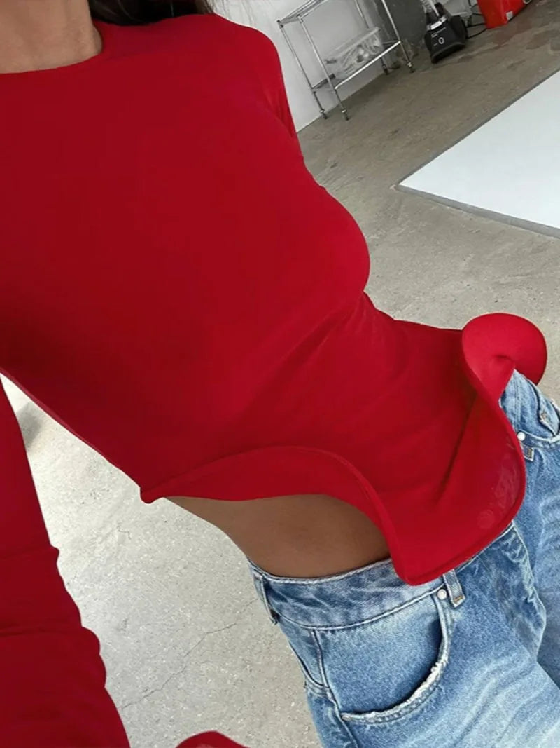 Women's Elegant Flare Sleeve Ruched Red T Shirts Fashion 2024 Autumn O-neck Irregular Solid Tee Shirt Female Ruffles Crop Tops