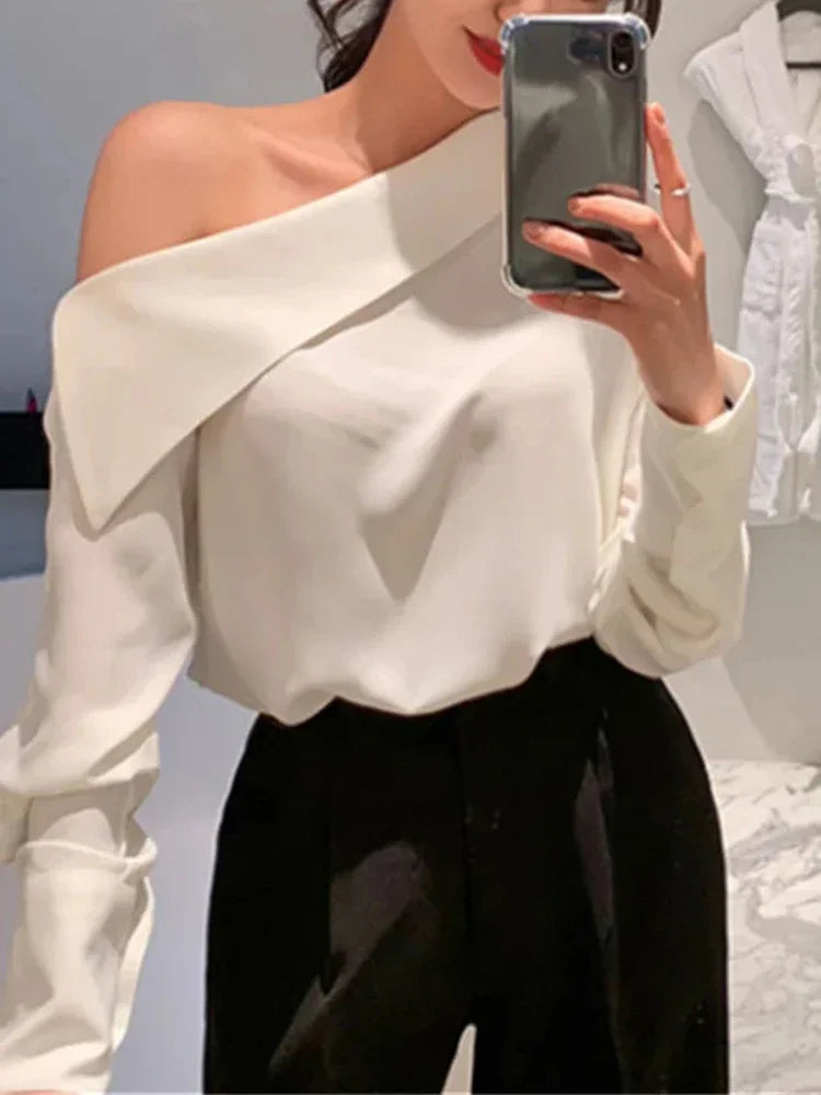 Elegant Women Sexy Korean One Black Top Spring Summer Leisure Versatile Women's Off The Shoulder Long Sleeved White Blouses