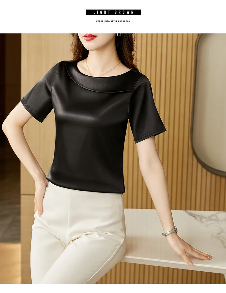 Satin Women Blouse T-shirt Skew Collar Blouses Summer Short Sleeve Womens Tops Solid Elegant Women Clothing OL Shirts for Women