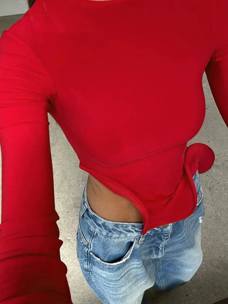 Women's Elegant Flare Sleeve Ruched Red T Shirts Fashion 2024 Autumn O-neck Irregular Solid Tee Shirt Female Ruffles Crop Tops