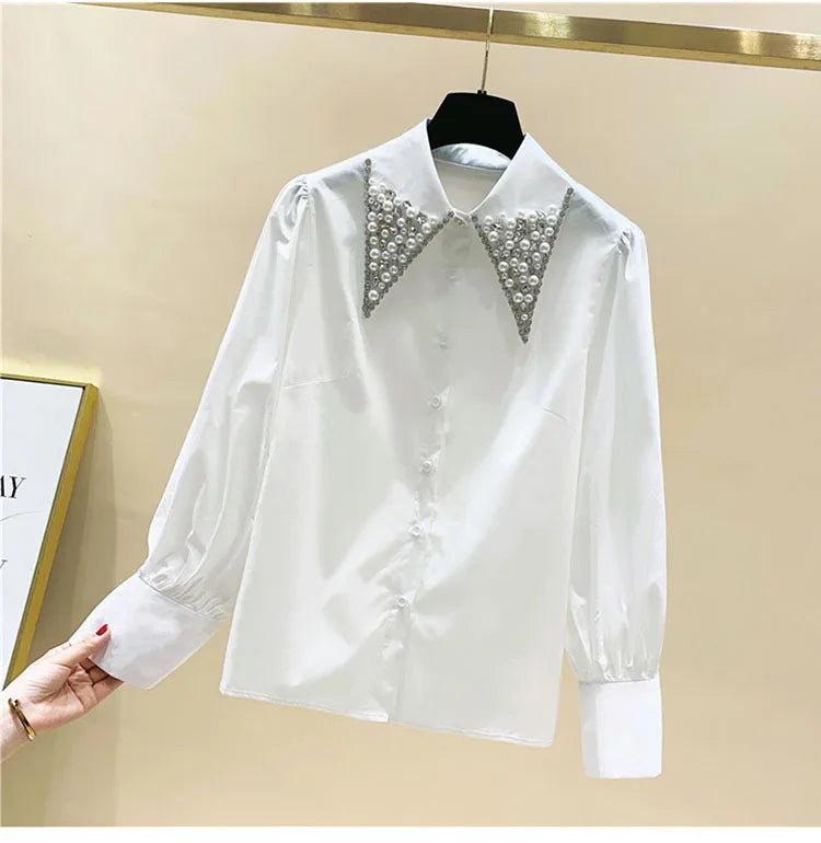 High Quality Pearls Diamonds Collar White Shirt Women Tops Mujer 2022 Spring New Arrival OL Elegant Blouse Tops Camisas Mujer