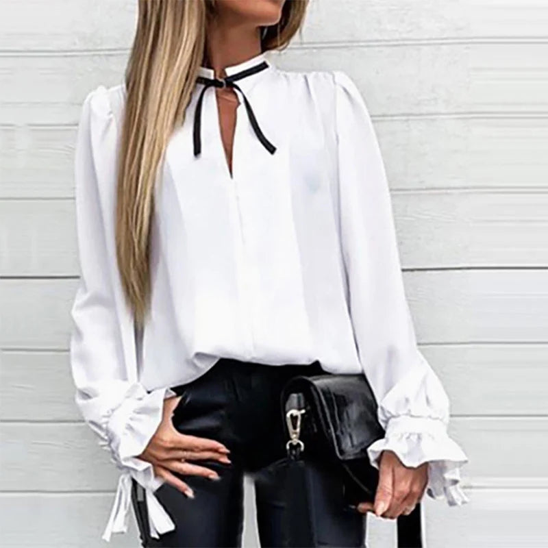 Denim Ruffled Long Sleeve Button Shirt Blouse Summer Sexy V Neck Pleated Chiffon Blouses Spring Elegant Office Lady Tops Blusa