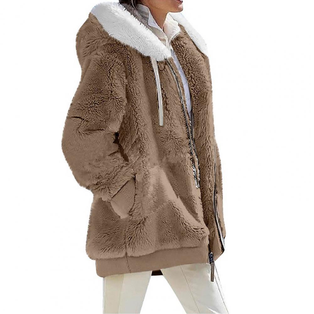 2023 New Women's Winter Coat Solid Color Warm Plush Large Size Ladies Coat Fall Winter Loose Plush Zipper Hooded Women's Coat