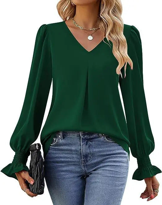 Women's New Solid Color Chiffon Shirt V-neck Pullover Flared Long Sleeved Top Shirt Office Lady Elegant Khaki Loose Blouses