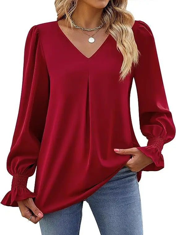 Women's New Solid Color Chiffon Shirt V-neck Pullover Flared Long Sleeved Top Shirt Office Lady Elegant Khaki Loose Blouses