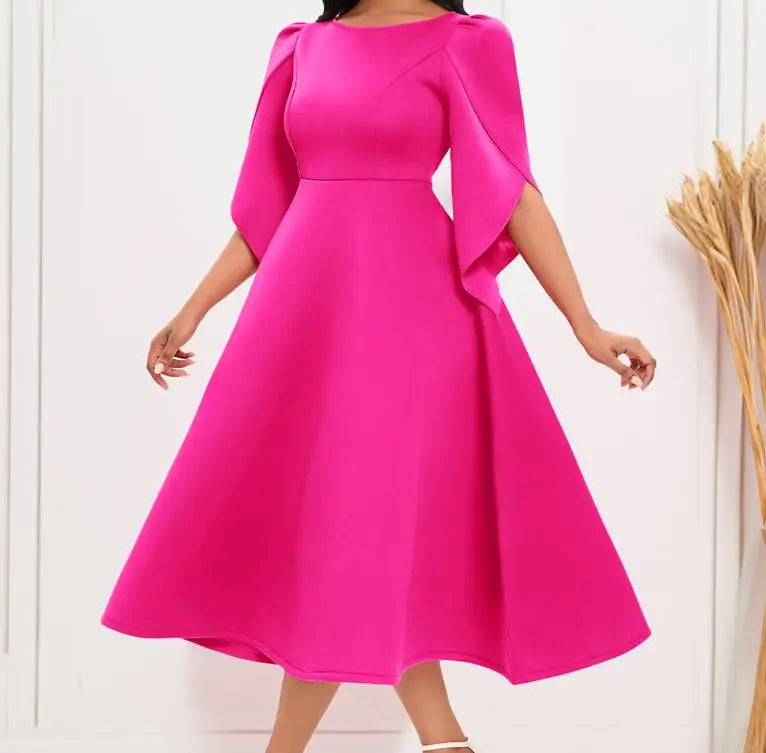 Women's Dress Elegant Party Dresses Summer Solid Color Round Neck Silm Evening Dress Female Large Swing Medium Length Dress