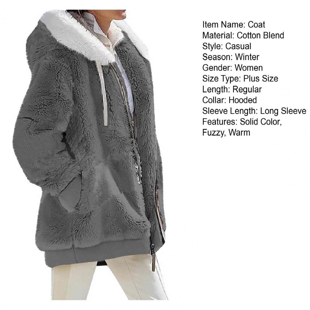 2023 New Women's Winter Coat Solid Color Warm Plush Large Size Ladies Coat Fall Winter Loose Plush Zipper Hooded Women's Coat