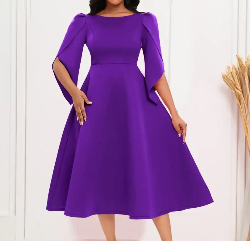 Women's Dress Elegant Party Dresses Summer Solid Color Round Neck Silm Evening Dress Female Large Swing Medium Length Dress