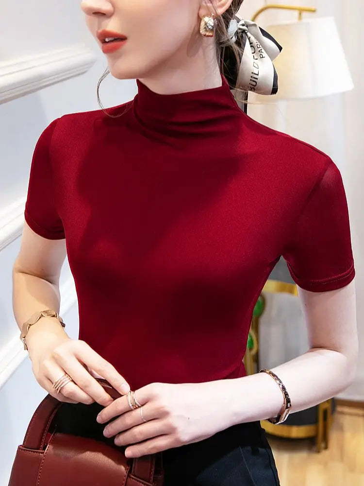 S-3XL Women Half Turtleneck Base Simple TShirts Slim Soft Short Sleeve T Shirts Lady Mesh Elegant Stretchy Tops Tees Female