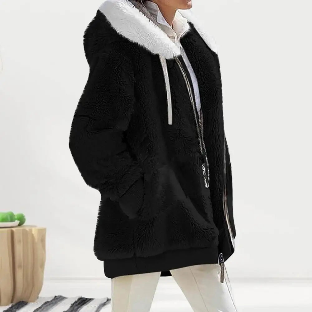 2023 New Women's Winter Coat Solid Color Warm Plush Large Size Ladies Coat Fall Winter Loose Plush Zipper Hooded Women's Coat