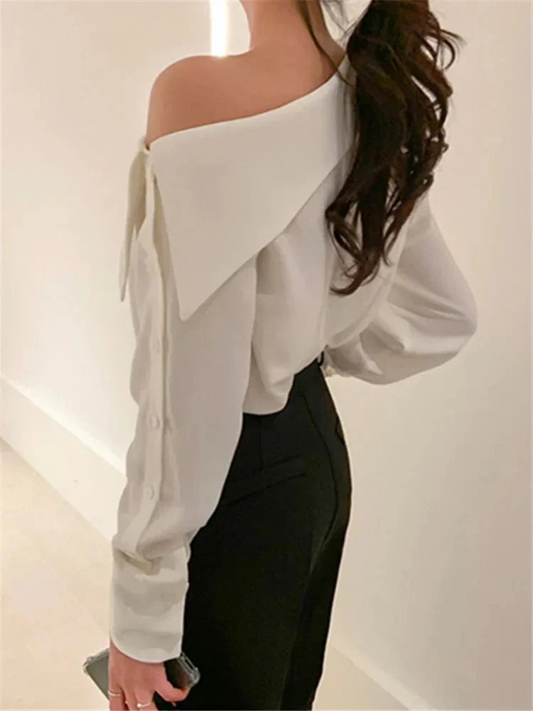 Elegant Women Sexy Korean One Black Top Spring Summer Leisure Versatile Women's Off The Shoulder Long Sleeved White Blouses