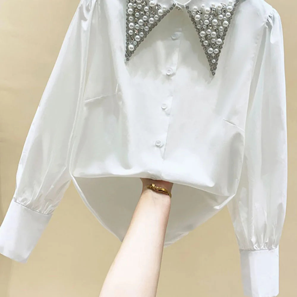 High Quality Pearls Diamonds Collar White Shirt Women Tops Mujer 2022 Spring New Arrival OL Elegant Blouse Tops Camisas Mujer