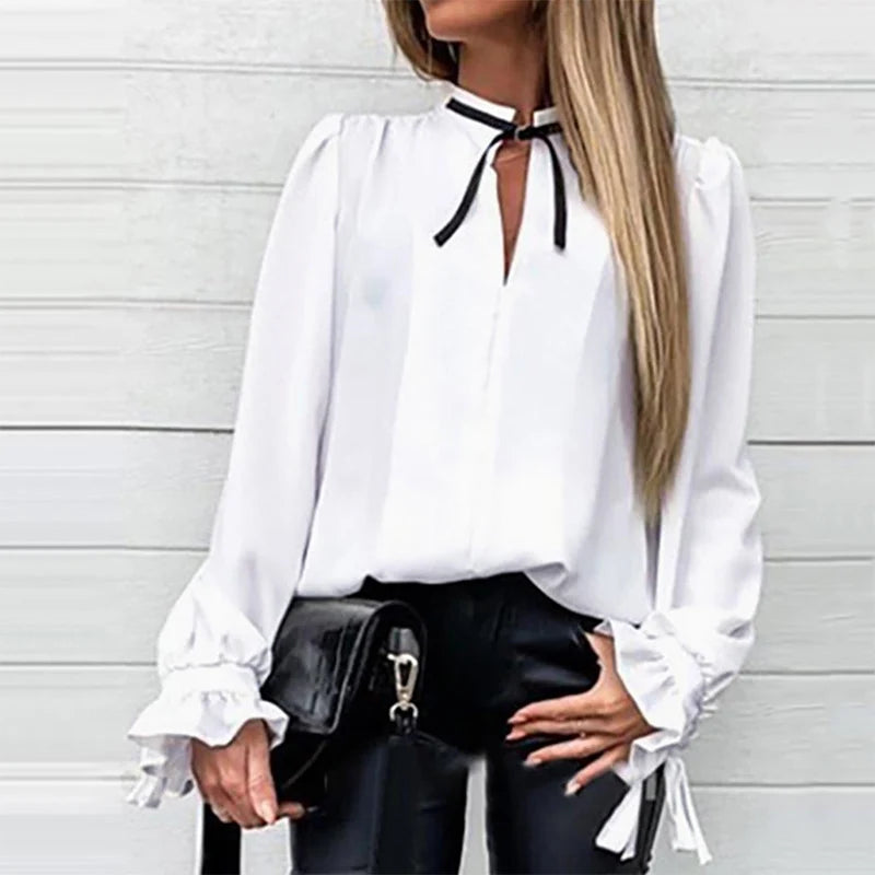 Denim Ruffled Long Sleeve Button Shirt Blouse Summer Sexy V Neck Pleated Chiffon Blouses Spring Elegant Office Lady Tops Blusa