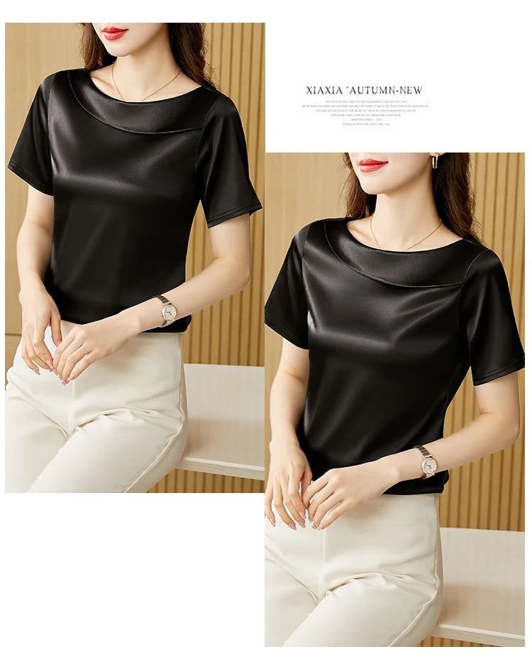 Satin Women Blouse T-shirt Skew Collar Blouses Summer Short Sleeve Womens Tops Solid Elegant Women Clothing OL Shirts for Women