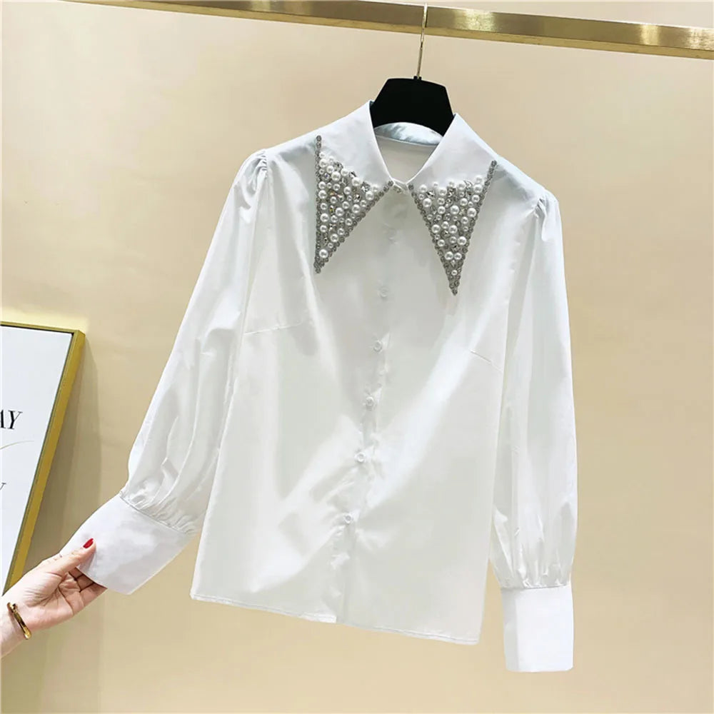 High Quality Pearls Diamonds Collar White Shirt Women Tops Mujer 2022 Spring New Arrival OL Elegant Blouse Tops Camisas Mujer